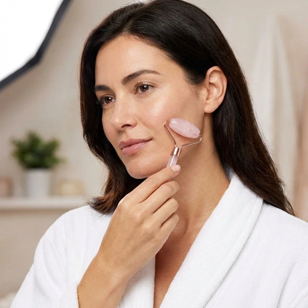 Beauty lifestyle image: woman in a white robe using a rose quartz face roller in a bathroom