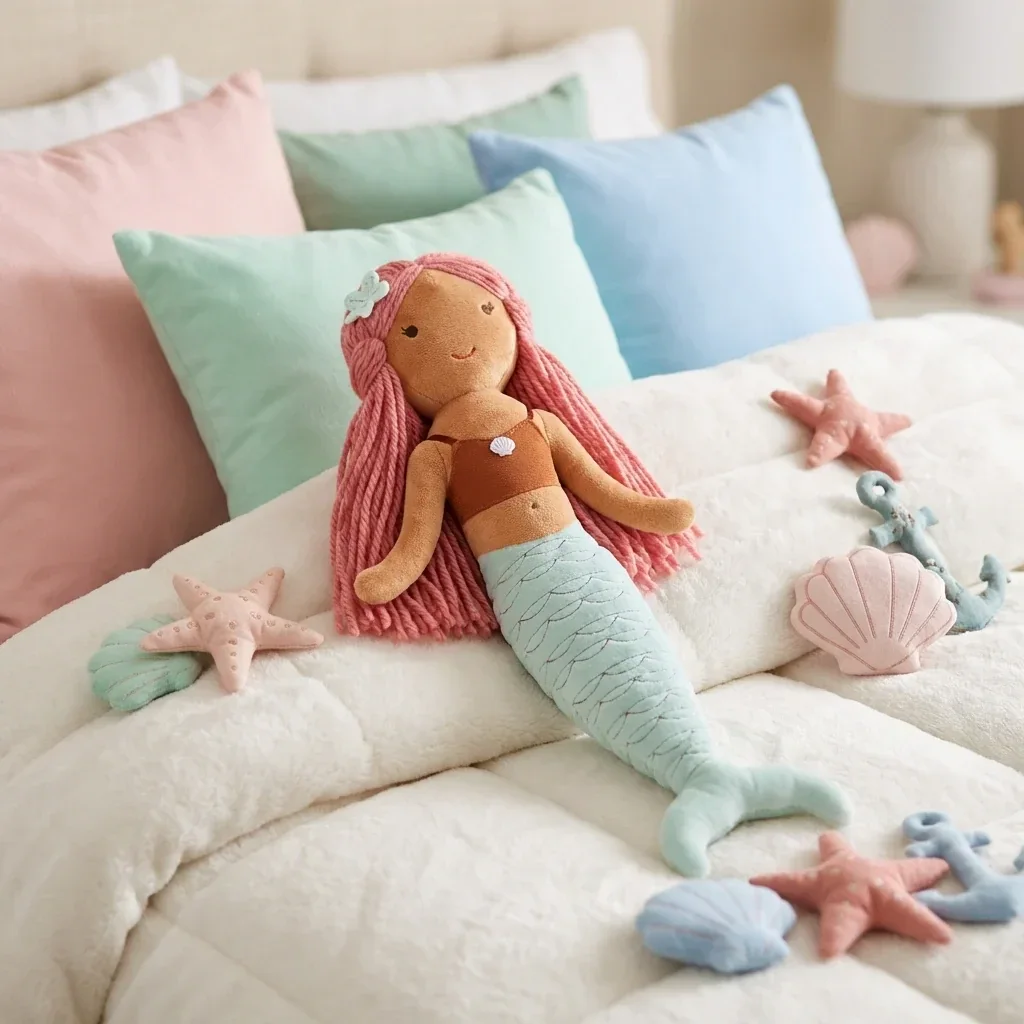 Toy lifestyle image: knitted mermaid plush toy on a bed with pastel pillows