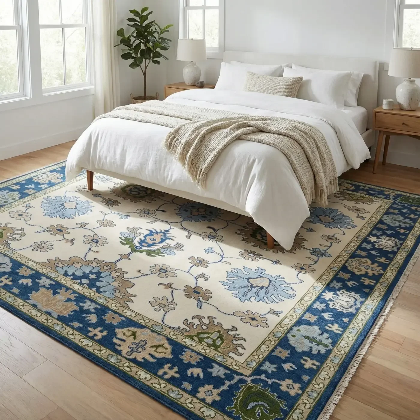 Cream rug with a blue floral pattern and navy border under a bed in a bright bedroom