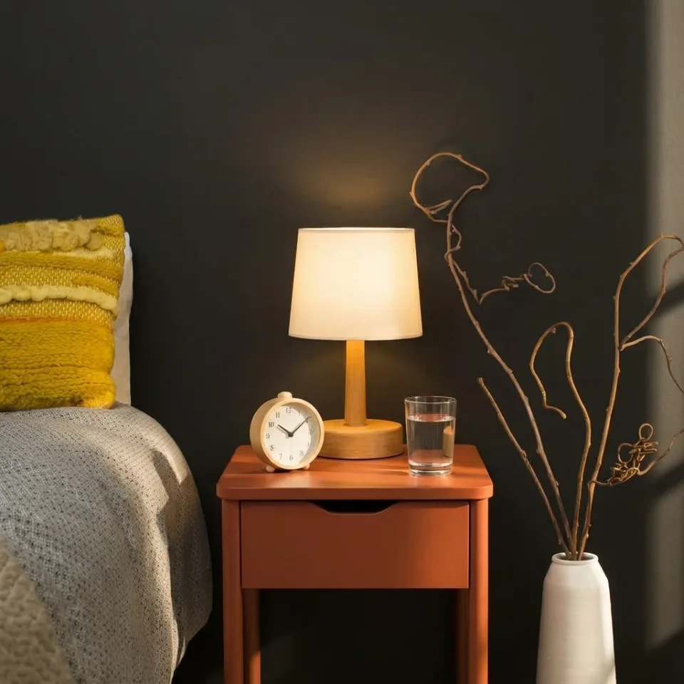 Furniture lifestyle image: wooden bedside table with a lamp and clock in a bedroom