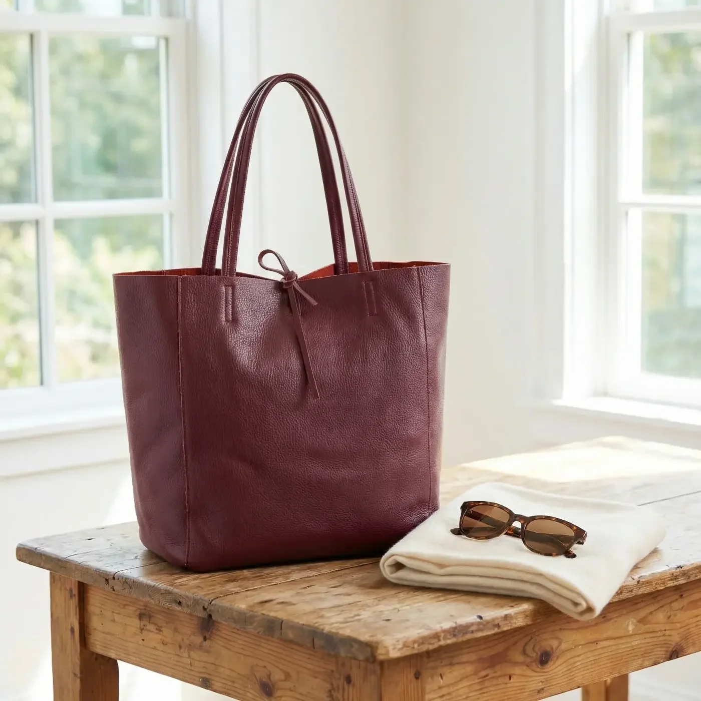 Burgundy leather tote bag on a wooden table next to folded linen and sunglasses