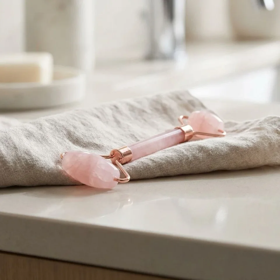 Beauty product image: rose quartz face roller on a towel on a bathroom counter