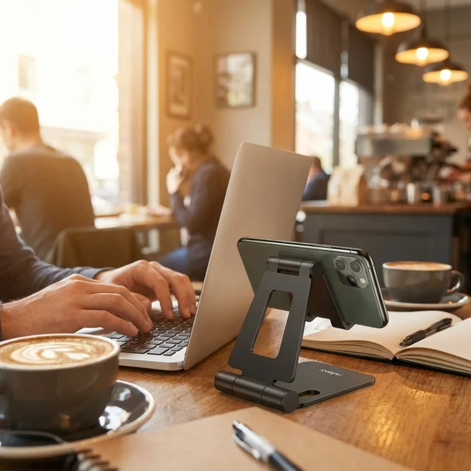 Gadget lifestyle image: metal phone stand next to a laptop on a café table
