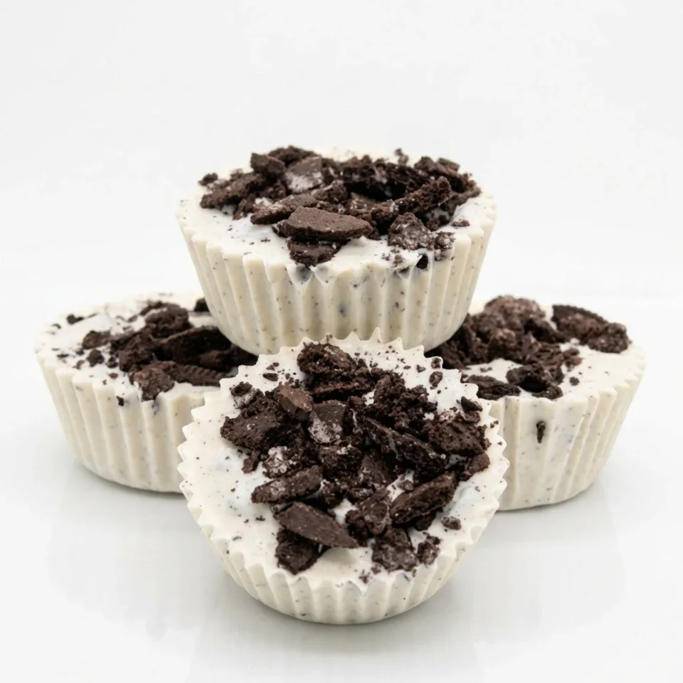 Food product image: white cupcakes with chocolate cookie crumbs on a white background