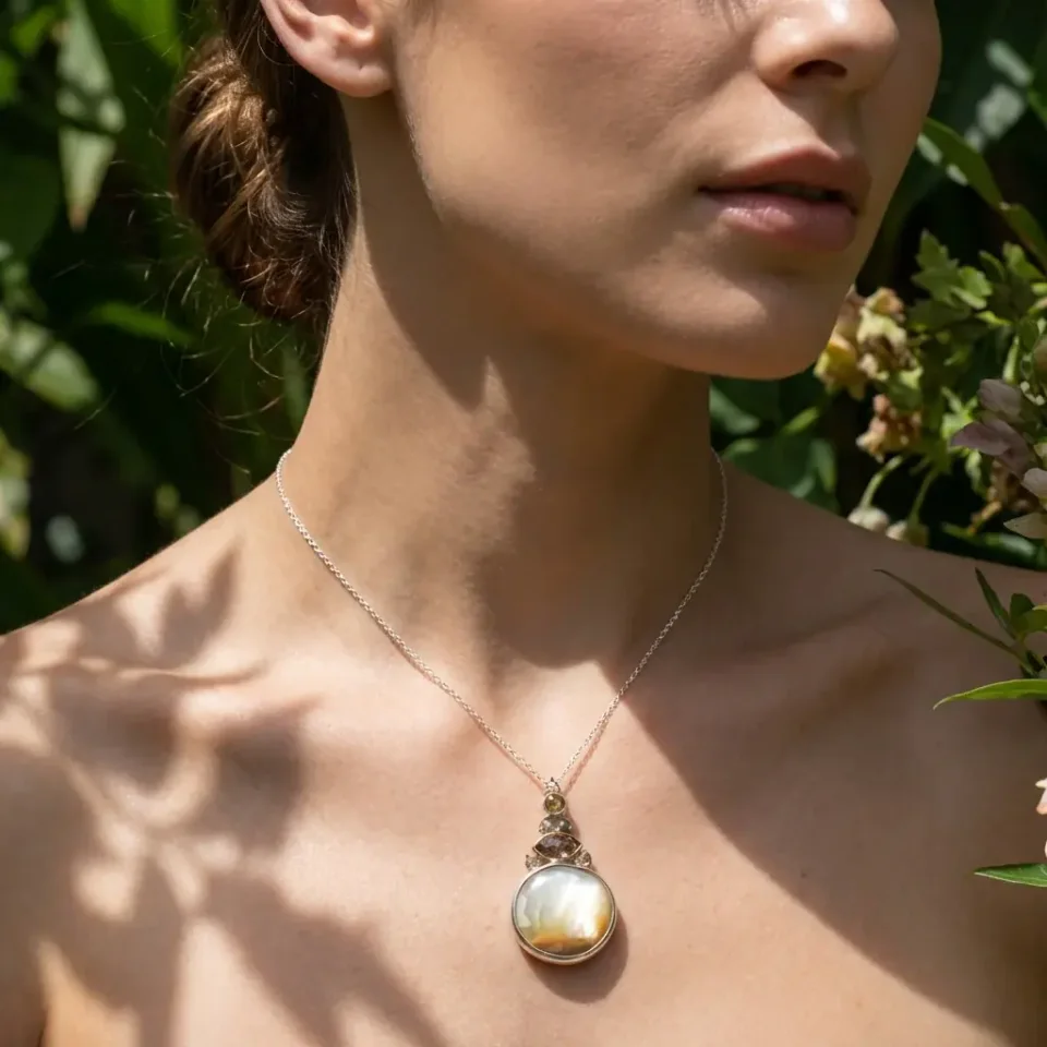 Jewelry lifestyle image: pearl pendant garden closeup