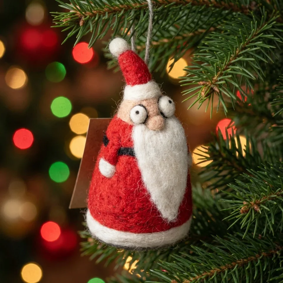 Gift product image: felted wool Santa ornament hanging on a Christmas tree