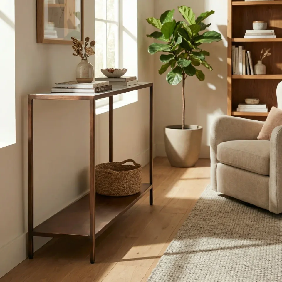 Home lifestyle image: antique copper marble console