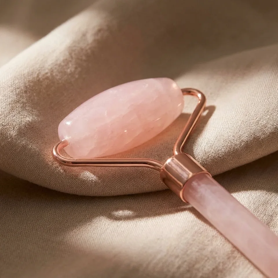 Beauty product image: close-up of a rose quartz face roller on soft beige fabric