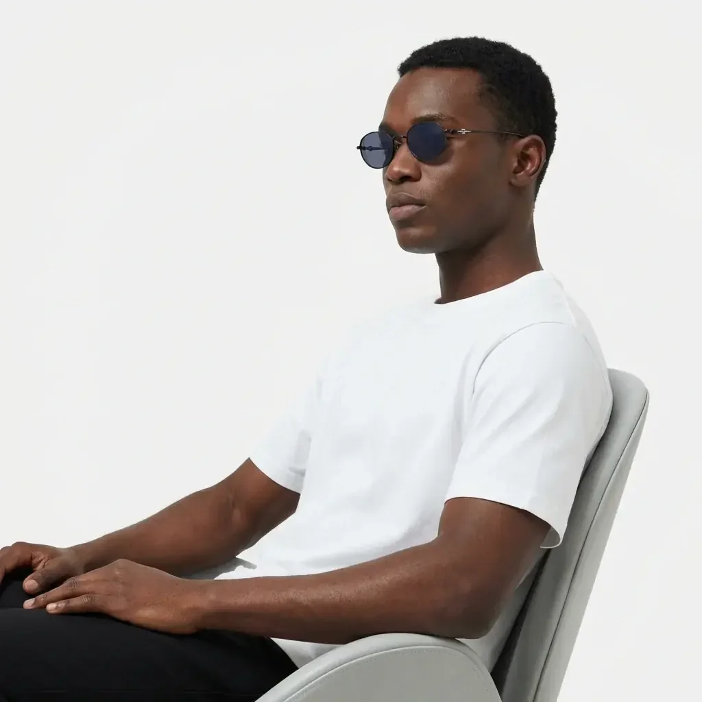 Man in a white T-shirt wearing dark round sunglasses, sitting on a light grey chair against a white wall