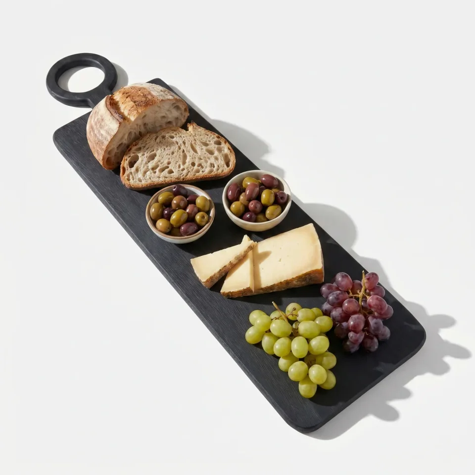 Kitchen product image: serving board with bread, olives, cheese and grapes