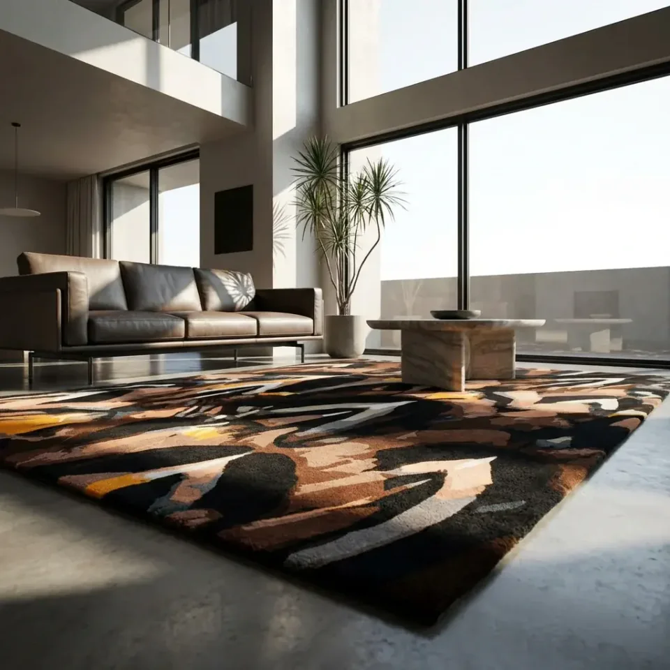 Home lifestyle image: cowhide rug conference table