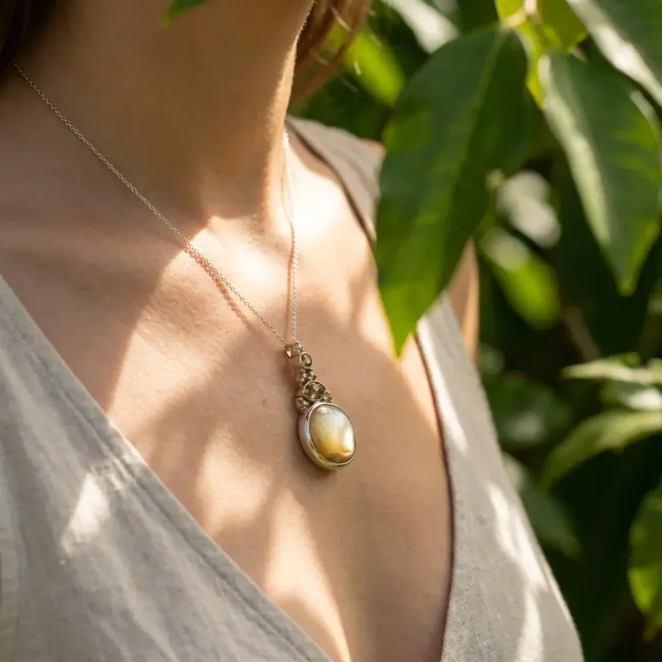 Jewelry lifestyle image: lapis lazuli necklace closeup