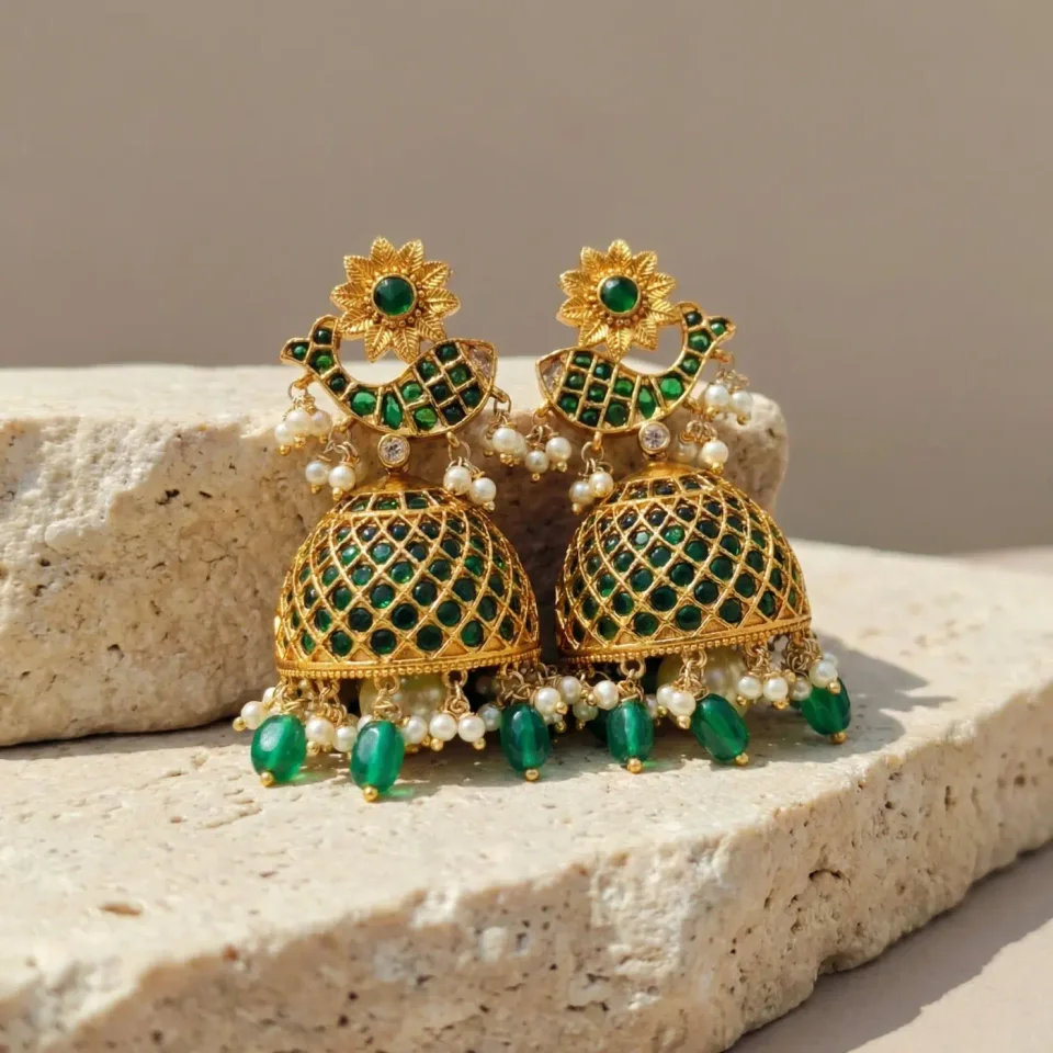 Jewelry lifestyle image: green jhumkas product display