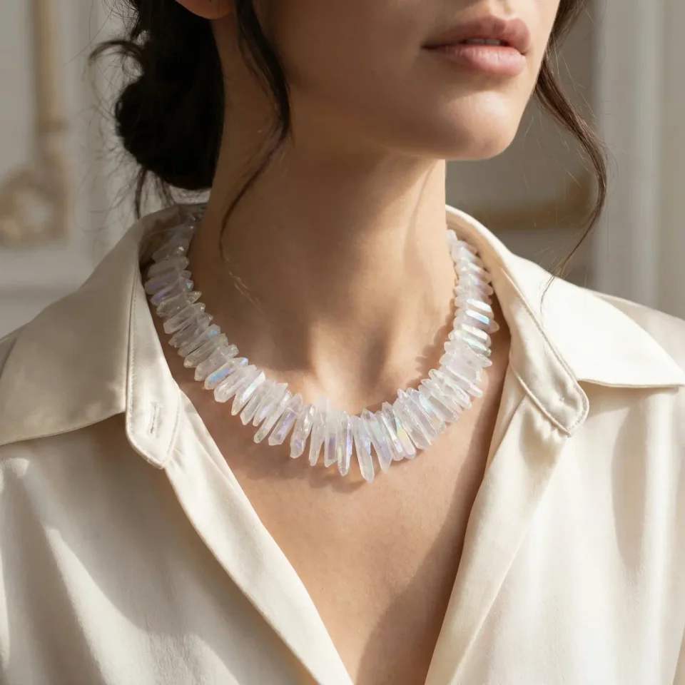 Jewelry lifestyle image: quartz necklace portrait