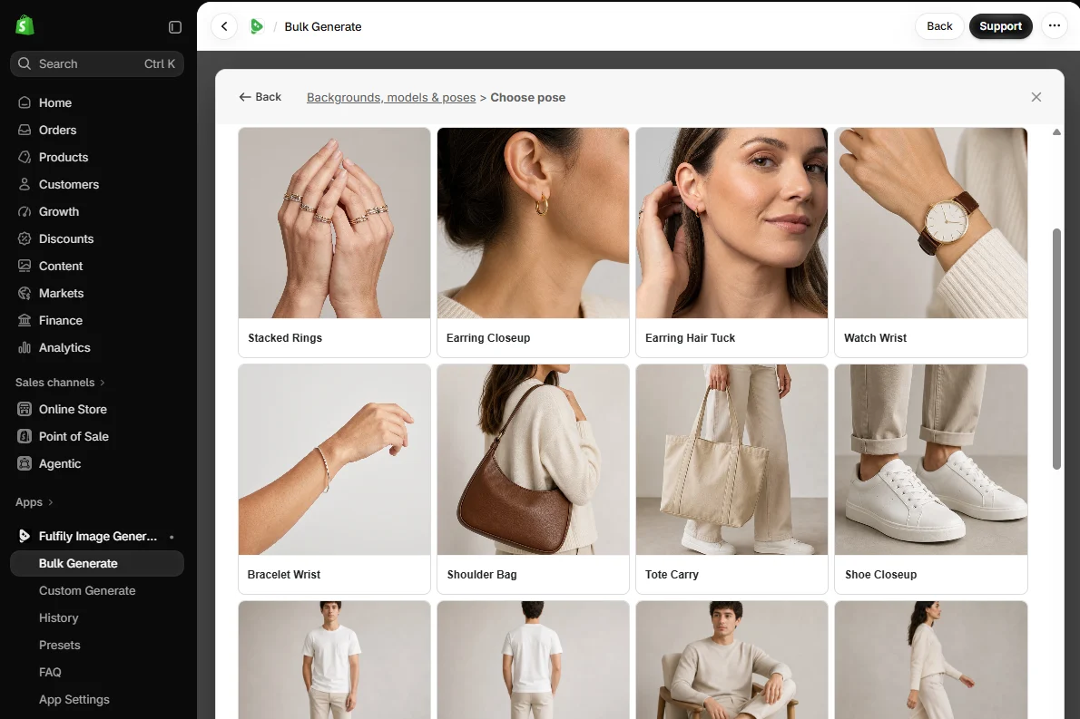 Choosing a pose for photo models in Fulfily inside the Shopify admin