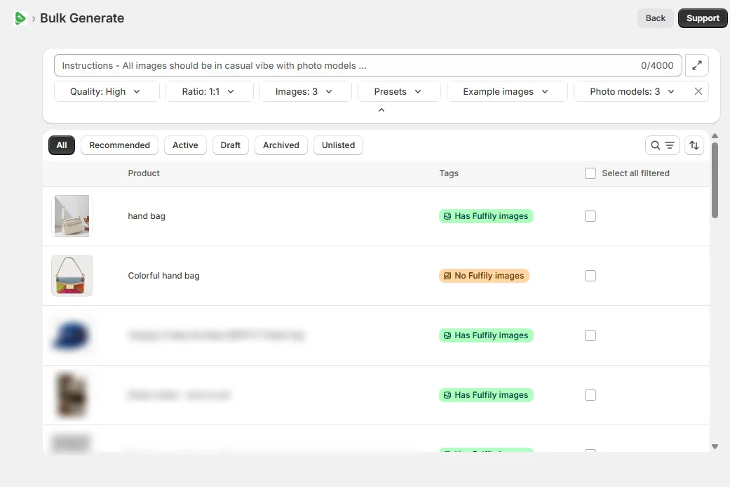 Fulfily's Bulk Generate page with the Shopify product list and generation settings