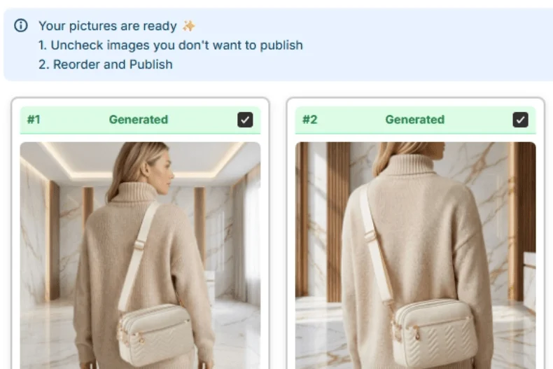 Fulfily's review screen with generated images ready to publish