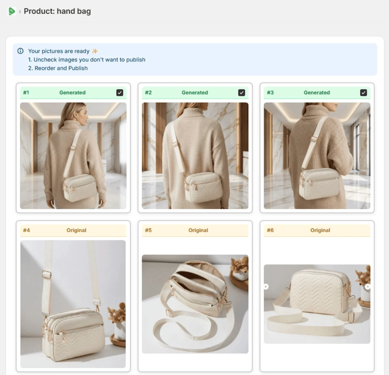 Fulfily's review screen in the Shopify admin: three generated images of a handbag on a model above the original product photos