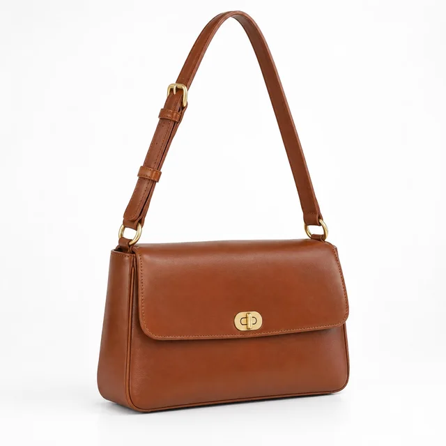 Generated image: the leather shoulder bag with the Clean White Catalog preset
