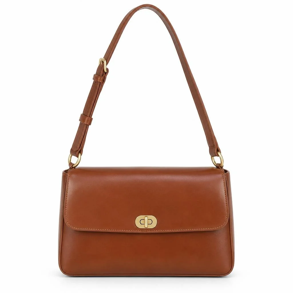 Brown leather shoulder bag photographed on a plain white background
