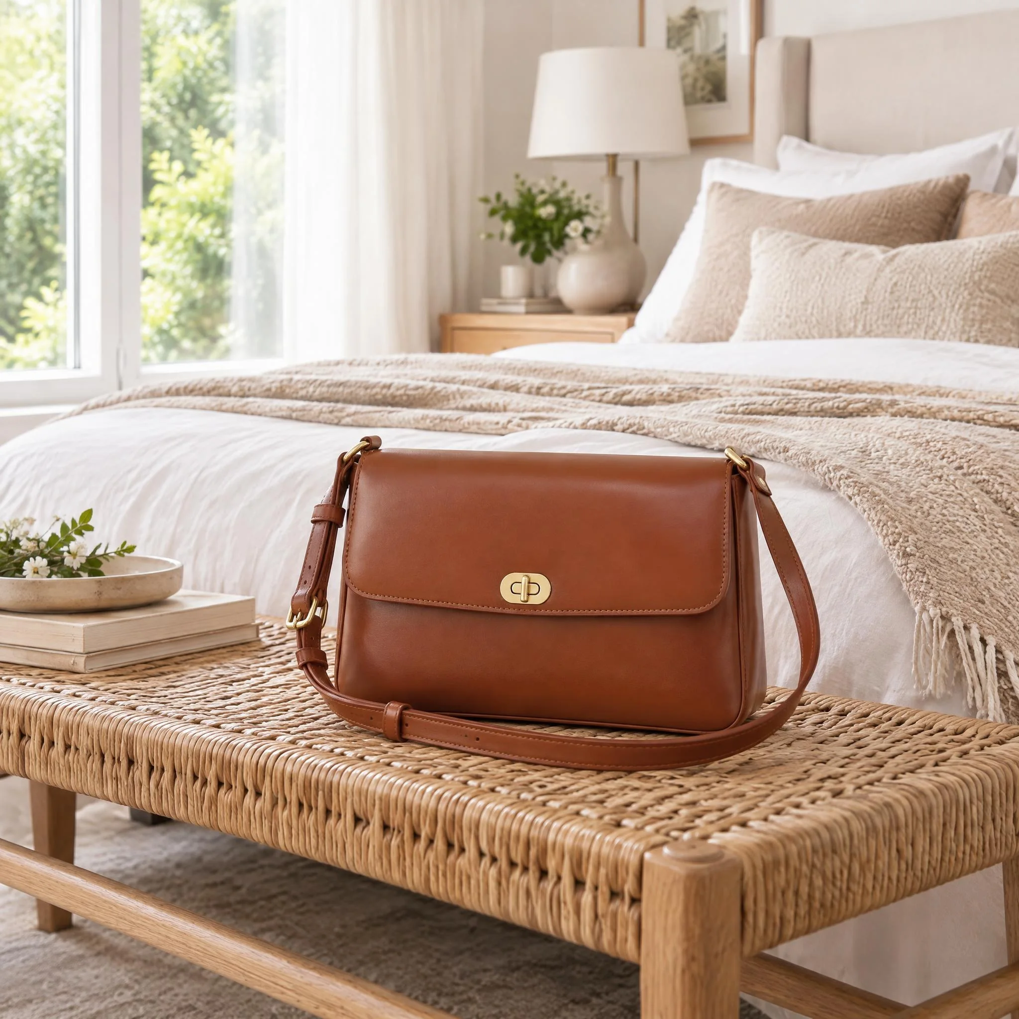 Brown leather shoulder bag resting on a woven bench at the foot of a bed