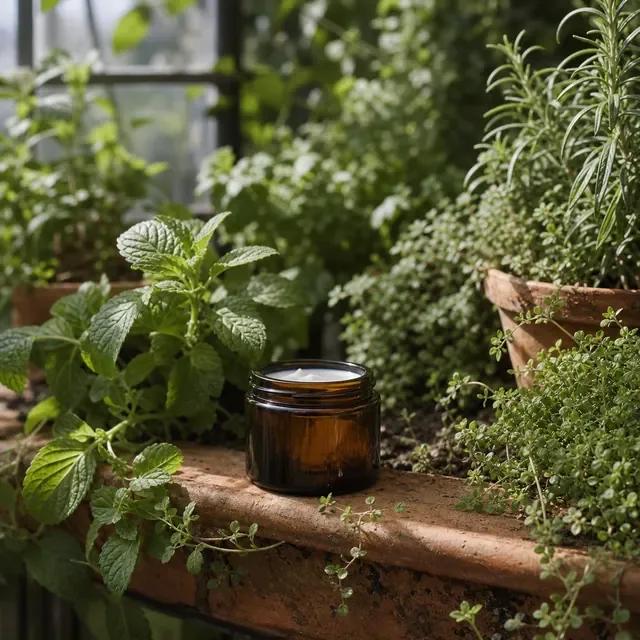 Preview image of the Botanical Launch preset: The product among green plants in a greenhouse, for natural and organic products.