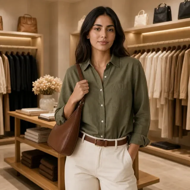 Preview image of the Boutique Shoulder Bag preset: A model with the bag on her shoulder, in a clothing store.