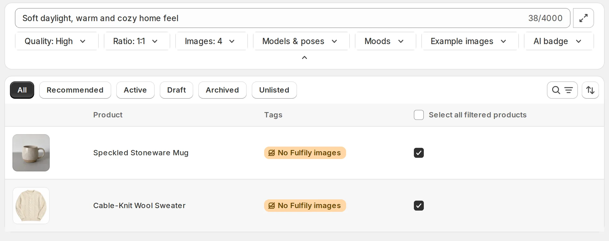 Fulfily's Bulk Generate page with instructions, settings for quality, ratio and image count, and two selected products: a stoneware mug and a cable-knit sweater
