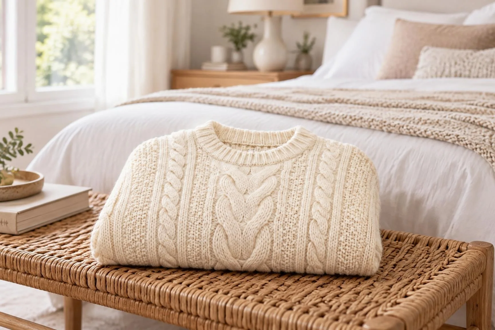 Cream cable-knit wool sweater folded on a woven bench at the foot of a bed in a bright bedroom