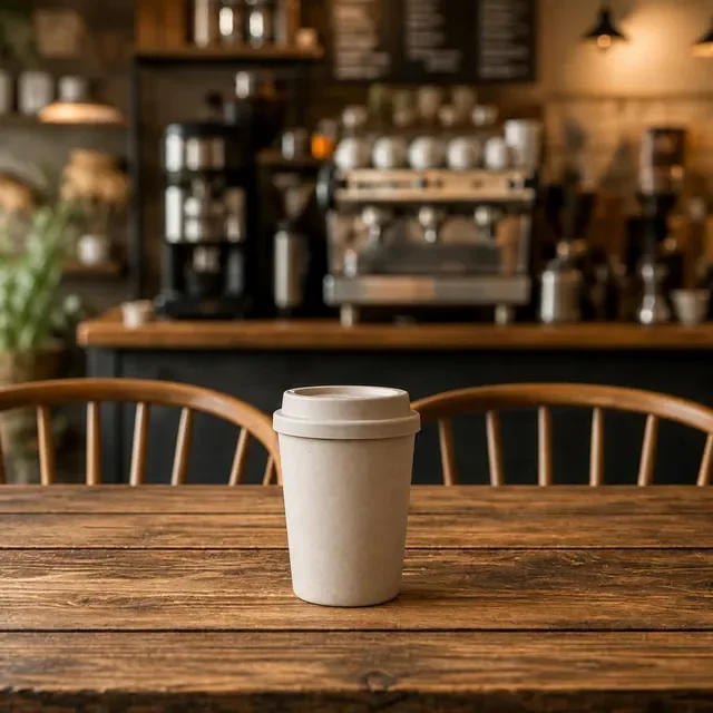 Preview image of the Café Table preset: The product on a wooden café table, for cups, drinks and small gifts.