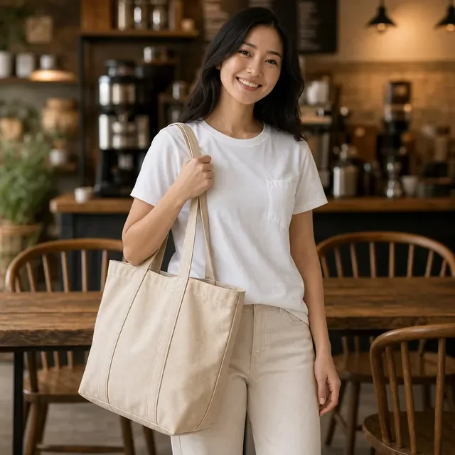 Preview image of the Café Tote Carry preset: A relaxed café scene with a tote bag on the shoulder.
