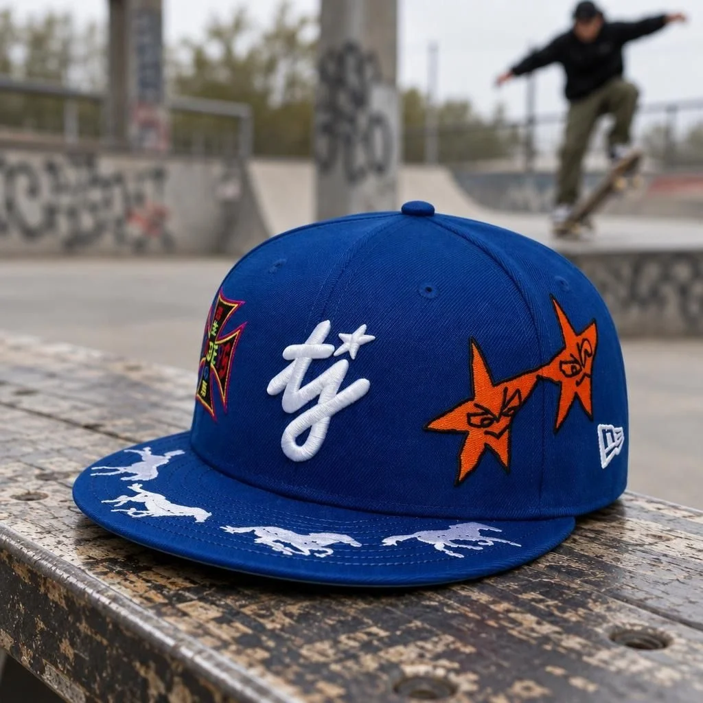 Fulfily result: the embroidered blue cap on a skate park ledge, with the script logo, patches and visor horses