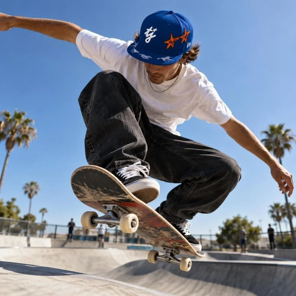 Fulfily result: a skater mid-jump wearing the embroidered blue cap