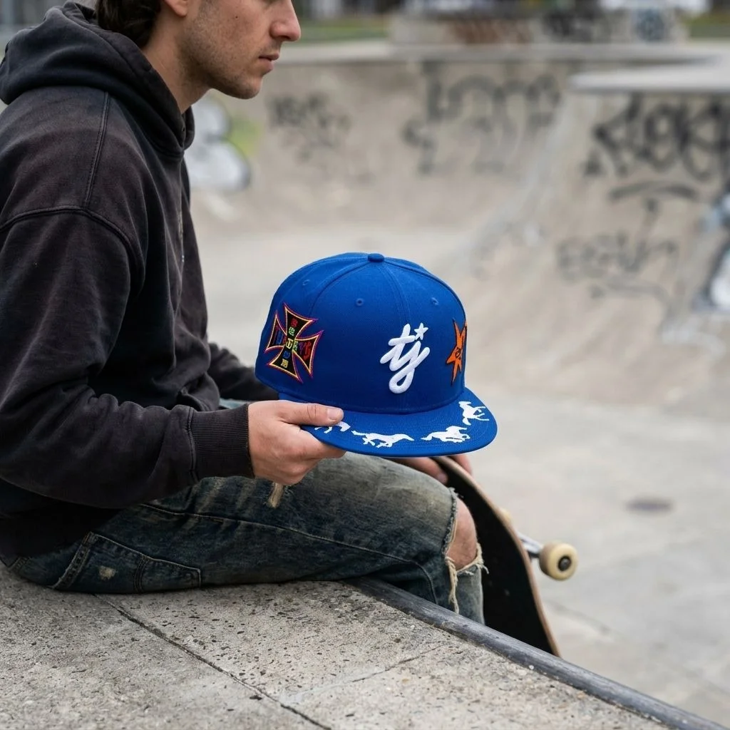Fulfily result: a skater sitting in a skate park holding the embroidered blue cap