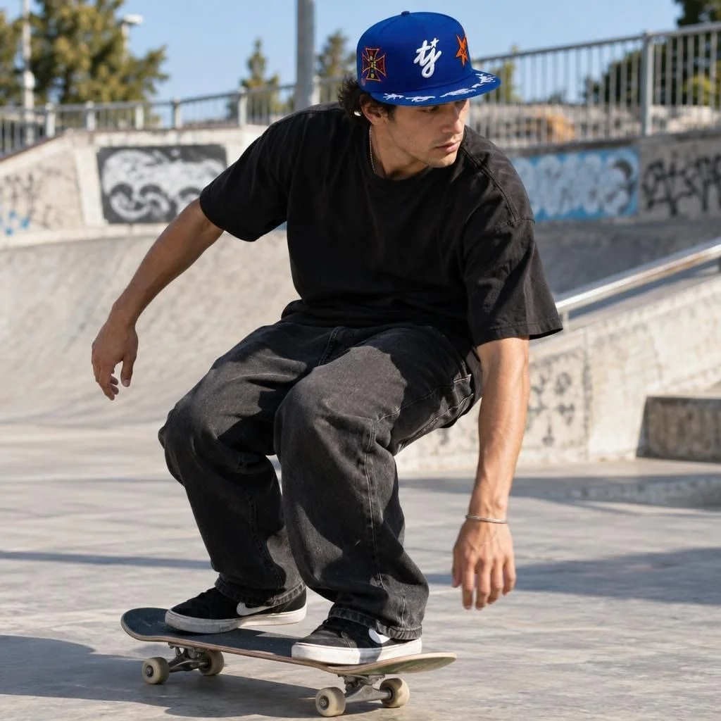 Fulfily result: a skater riding a ramp wearing the embroidered blue cap