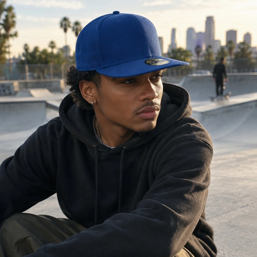 Sidekick result: a young man in a skate park wearing a plain blue cap with a round sticker on the visor