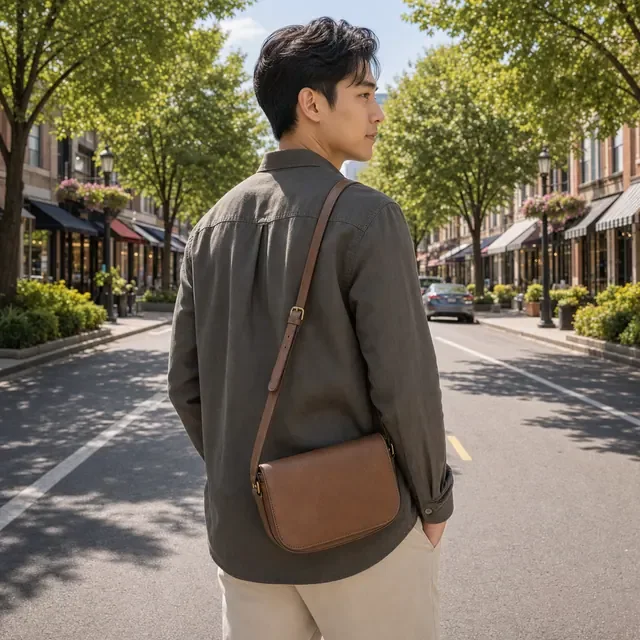 Preview image of the City Crossbody preset: A crossbody bag on a model walking down a city street.