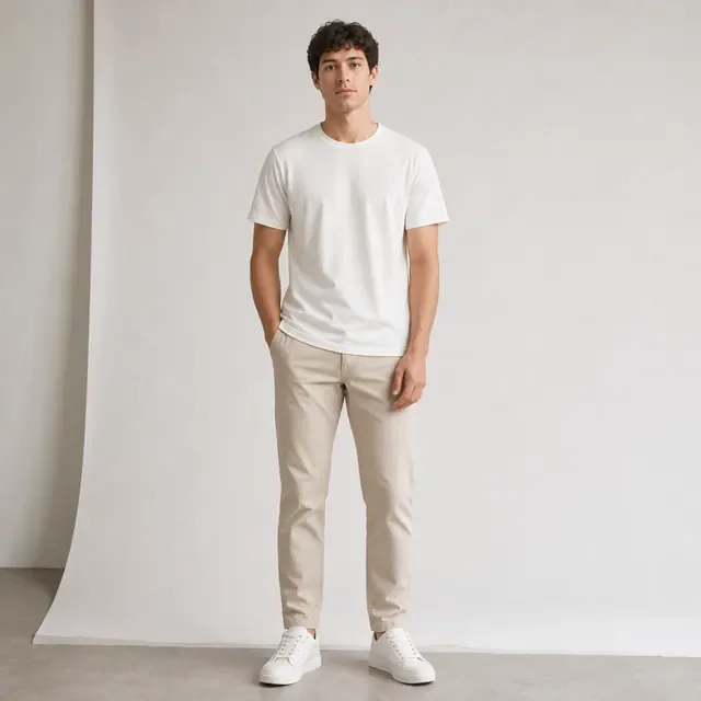 Preview image of the Clean Apparel Front preset: A model seen from the front in a white studio. A good first image for a product page.