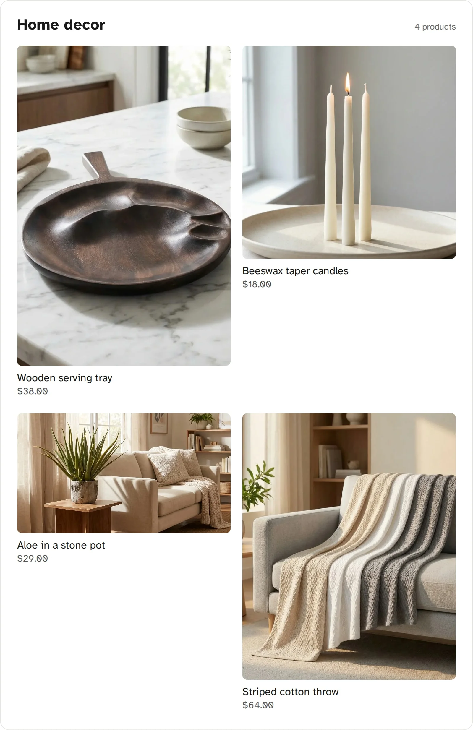 Store collection page with four home decor products whose photos have different shapes, so the rows don't line up