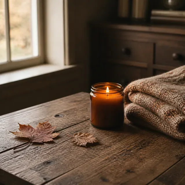 Preview image of the Cozy Autumn Launch preset: A warm autumn scene on a wooden table, for candles and seasonal sets.