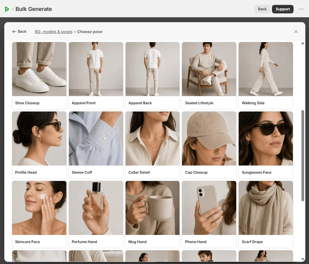 Fulfily screen for choosing a background, photo model and pose for generated images