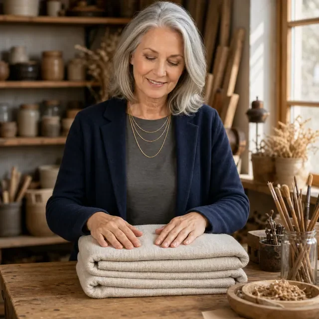 Preview image of the Folded Textiles preset: Hands folding the product in a craft workshop, for blankets and linens.