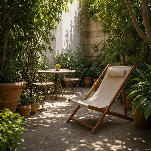 Preview image of the Garden Patio Day preset: A sunny patio with plants, for outdoor rugs, cushions and pots.