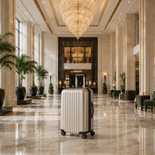 Preview image of the Grand Hotel Moment preset: A suitcase in a bright hotel lobby, for luggage and travel bags.
