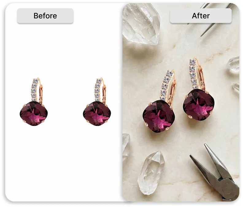 Earrings on a plain white background (before) and the same earrings as a styled shot on marble with crystals (after)