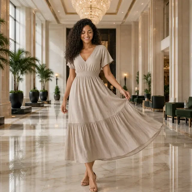 Preview image of the Hotel Dress Motion preset: A dress in movement in a hotel lobby, to show how the fabric moves.