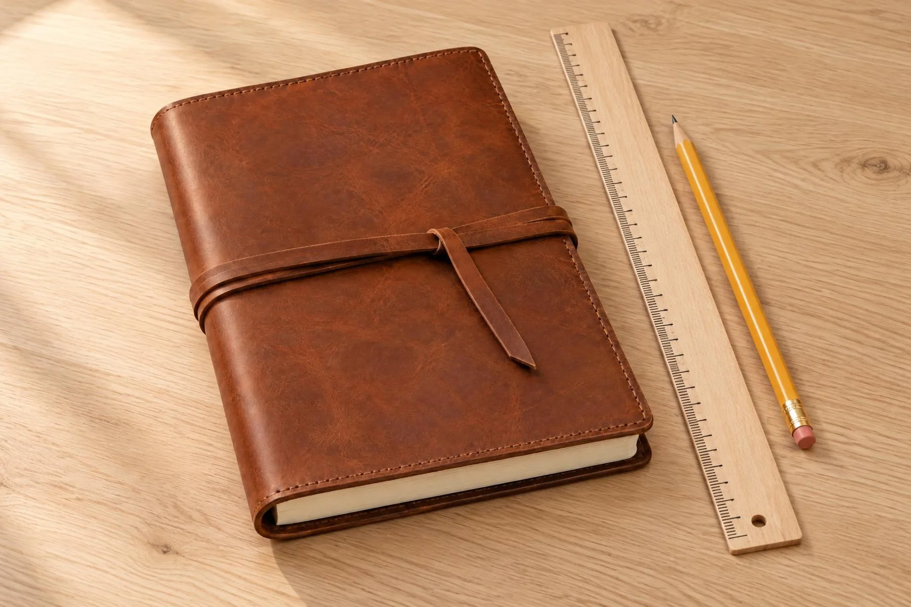 Brown leather notebook with a wrap tie on a light oak desk beside a wooden ruler and a yellow pencil