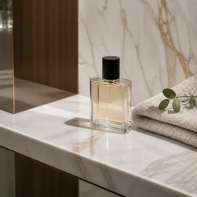 Preview image of the Marble Luxury Campaign preset: The product on a light marble shelf, for gift sets and premium ranges.