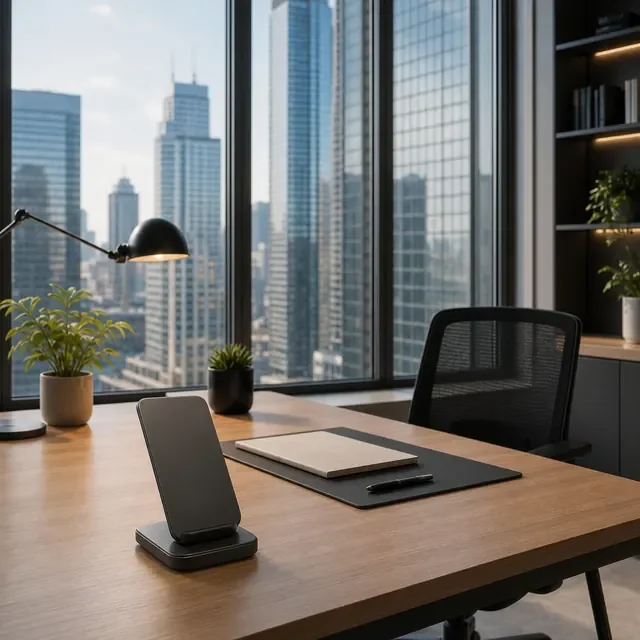 Preview image of the Modern Office Desk preset: A desk with a city view, for gadgets, stationery and work accessories.