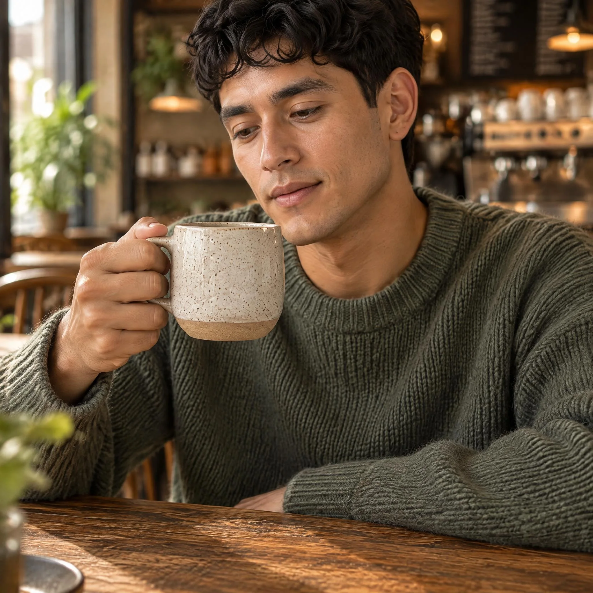 Man in a green sweater drinking from the speckled stoneware mug in a café